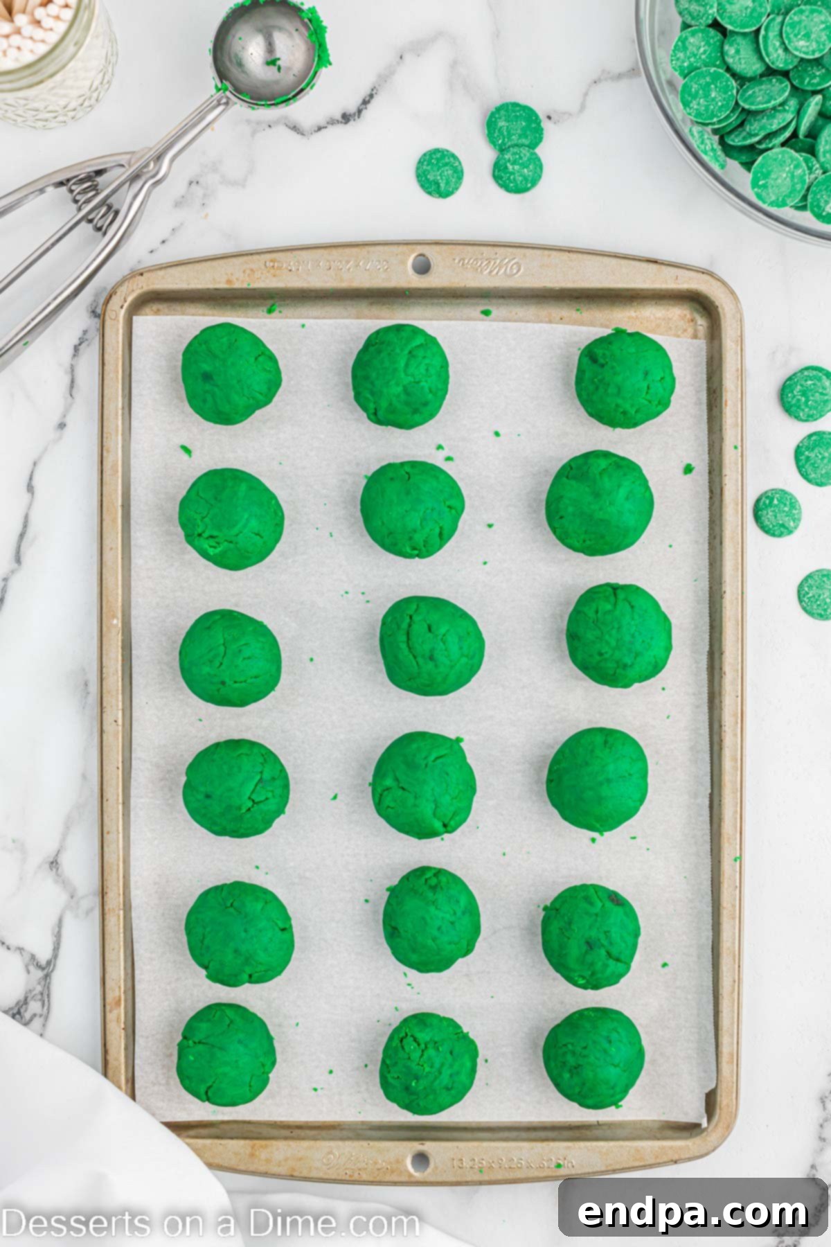 Lucky St Patricks Day Cake Pops 5 Cake balls on baking sheet.