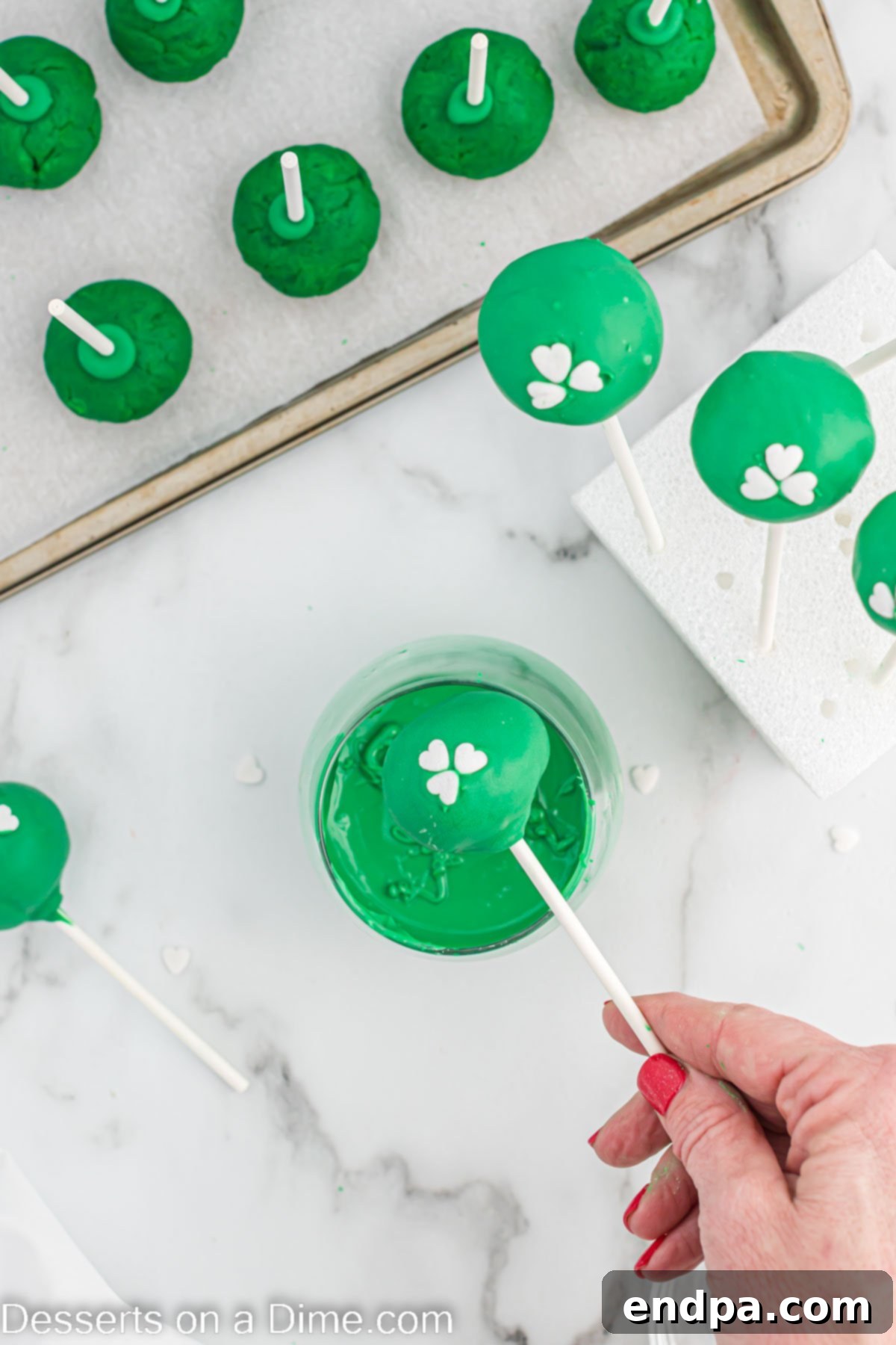 Lucky St Patricks Day Cake Pops 8 White heart sprinkles added to each cake pop to form a clover.