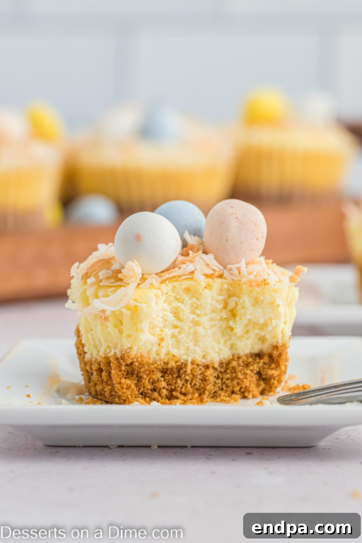 Hoppy Easter Cheesecake Bites 2 A beautiful platter of Mini Easter Cheesecakes, decorated with toasted coconut nests and pastel robin eggs.