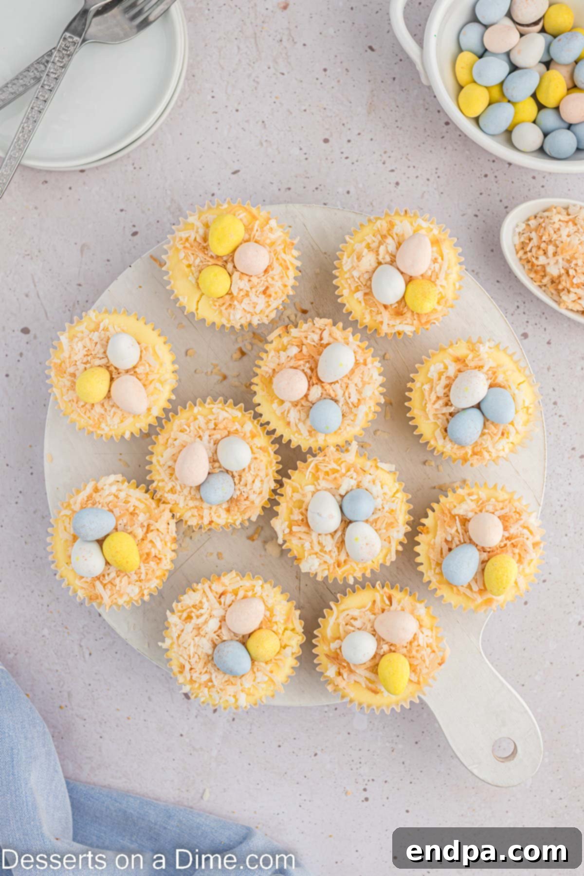 Hoppy Easter Cheesecake Bites 10 A serving platter filled with decorated Mini Easter Cheesecakes, ready to be enjoyed.