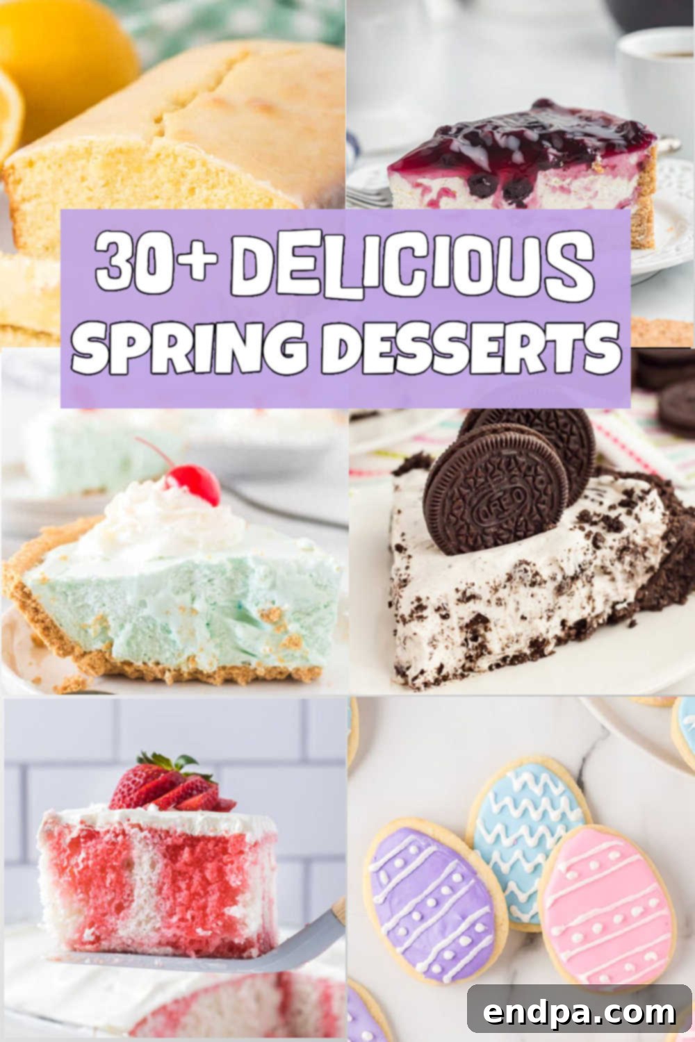 Irresistible Spring Dessert Creations 2 A vibrant display of 34 of the best spring desserts, featuring layered cakes, colorful ice creams, zesty lemon bars, and other seasonal favorites, ideal for Easter, Mother's Day, or everyday enjoyment. Each dessert celebrates the fresh flavors and bright aesthetics of spring.