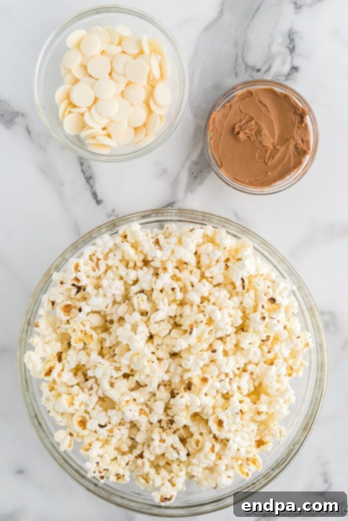 Ingredients for Cookie butter popcorn laid out: popped popcorn, white melting chocolate in a bowl, and a jar of cookie butter.