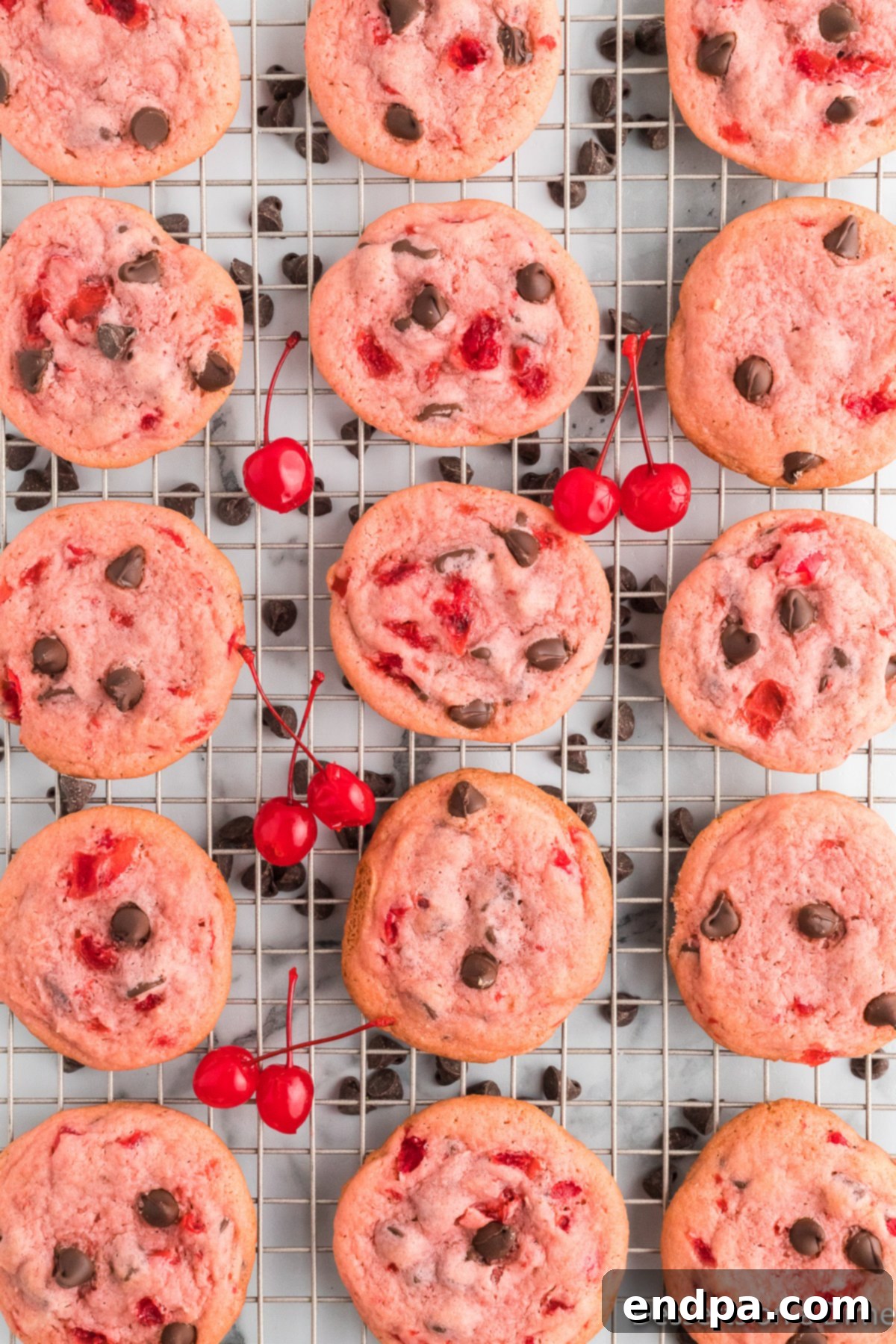 Cherry Chocolate Cookies on cooling rack. 