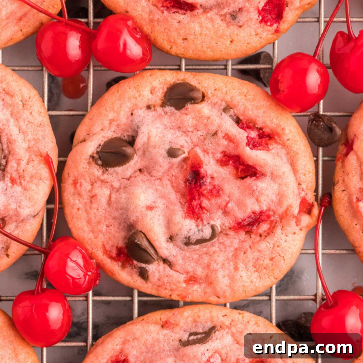 Cherry Chocolate Chip Cookies on cooling rack.