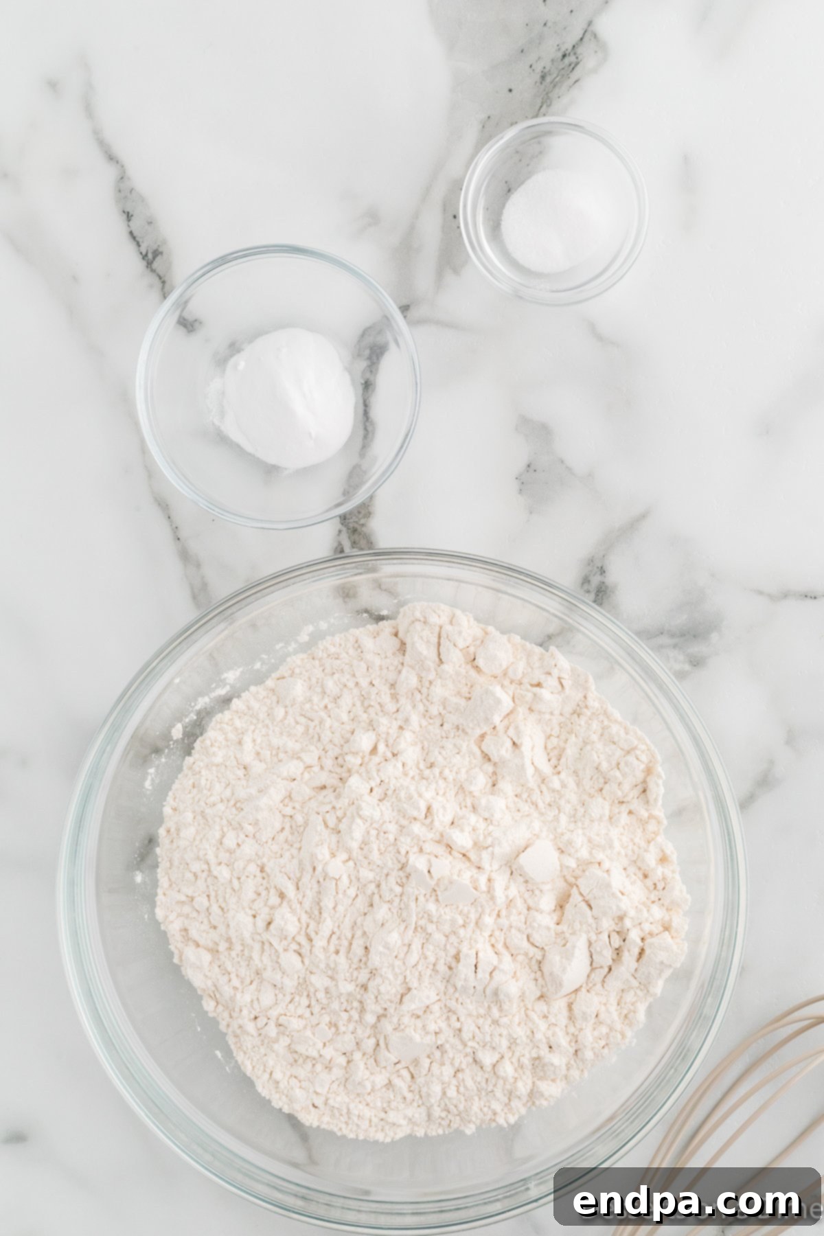 Dry ingredients combined in a mixing bowl. 