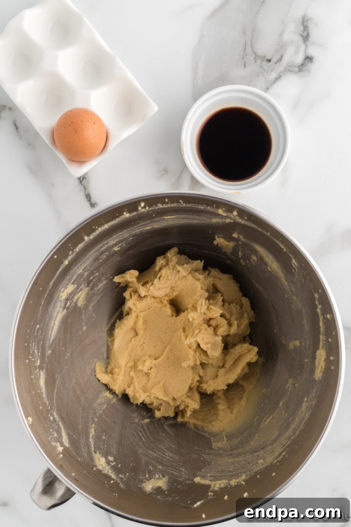 Eggs and vanilla added to mixture. 