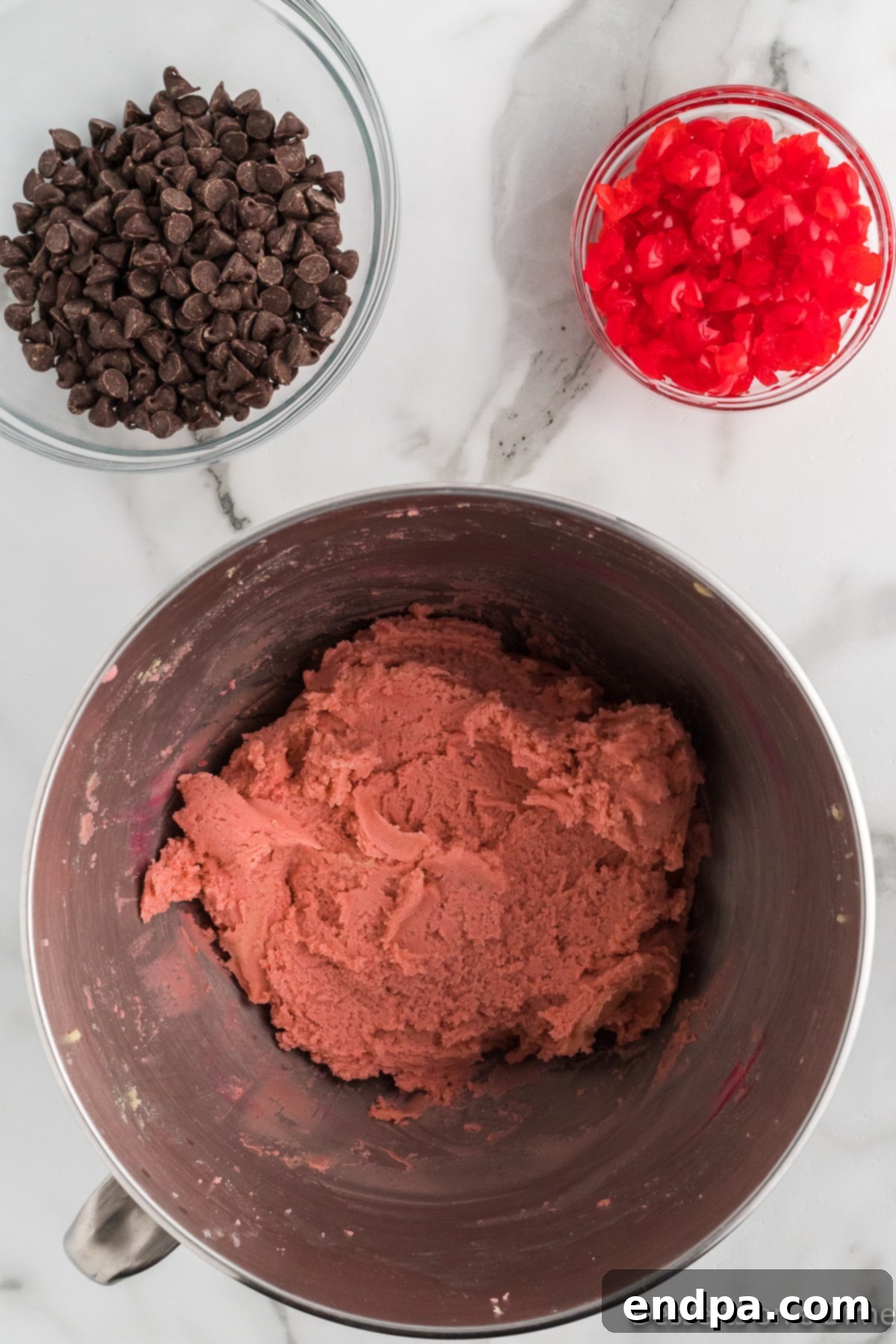 Pink food coloring mixed into the dough. 