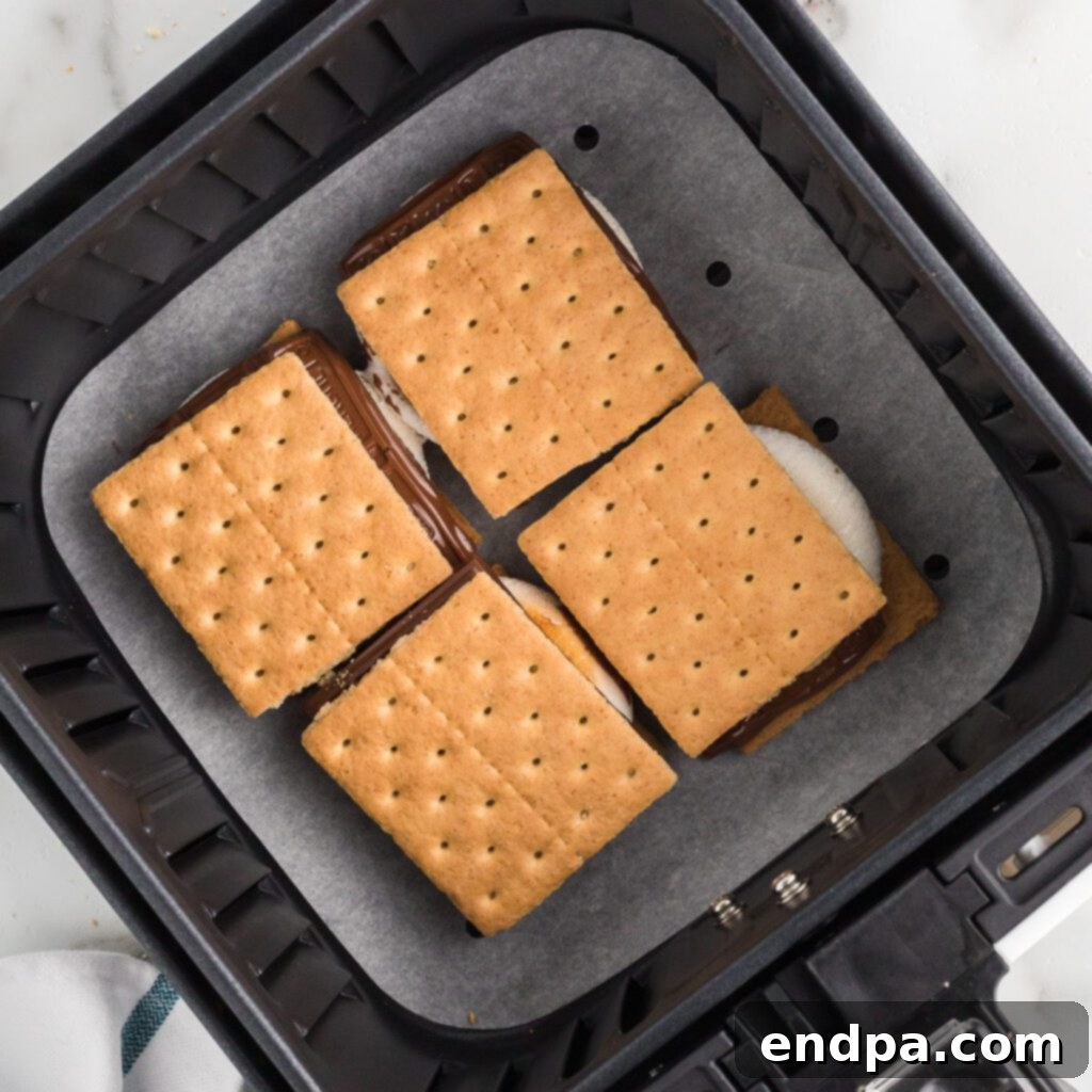 Close-up of a perfectly toasted Air Fryer S'more with melted chocolate and gooey marshmallow.