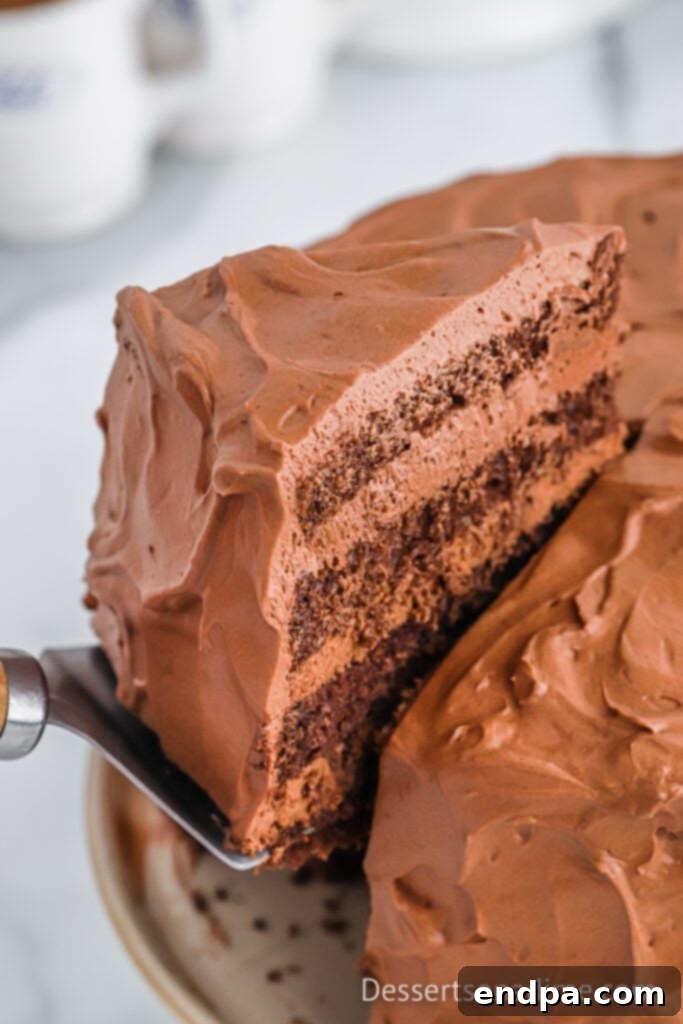 A slice of chocolate mousse cake showing its distinct layers of cake, mousse, and frosting.