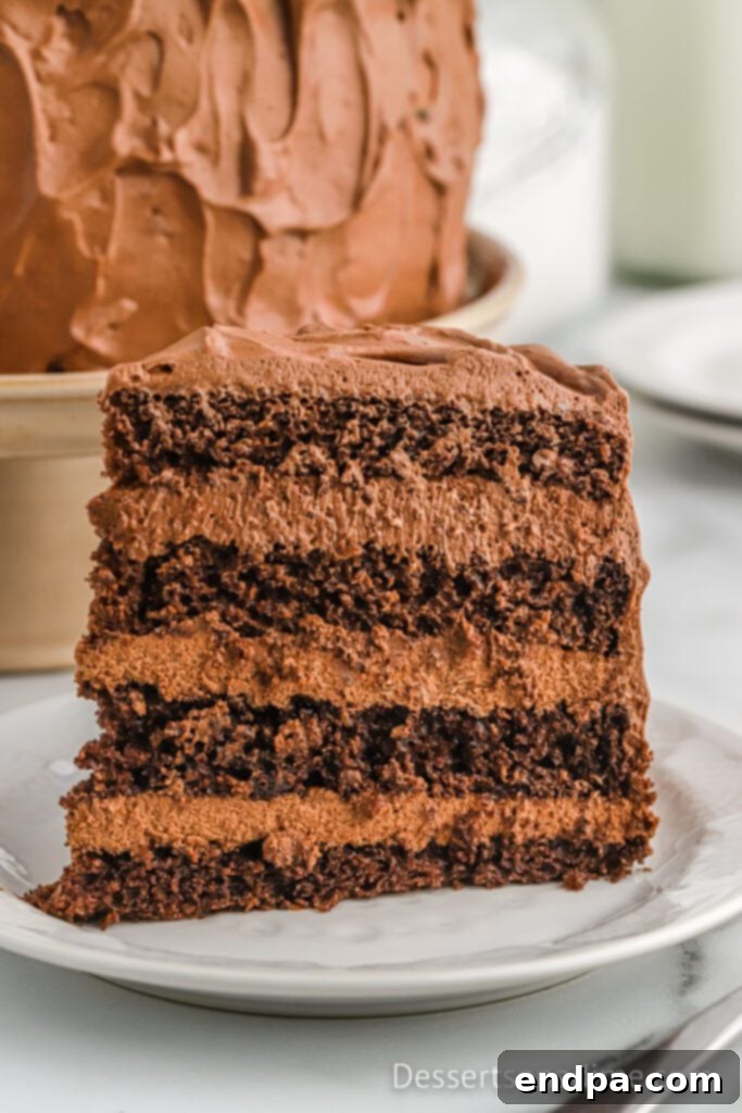 A slice of chocolate mousse cake on a white plate, showing its detailed layers.