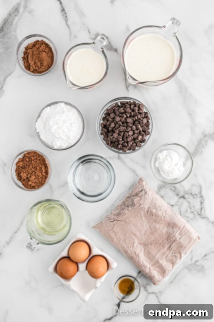 Ingredients for Chocolate mousse cake including cake mix, chocolate chips, cocoa powder, heavy whipping cream, powdered sugar, and vanilla extract.
