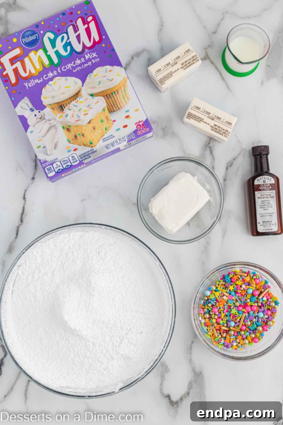 Confetti Cupcakes 3 Ingredients for Pinata cupcakes including cake mix, sprinkles, shortening, butter, vanilla, and powdered sugar.