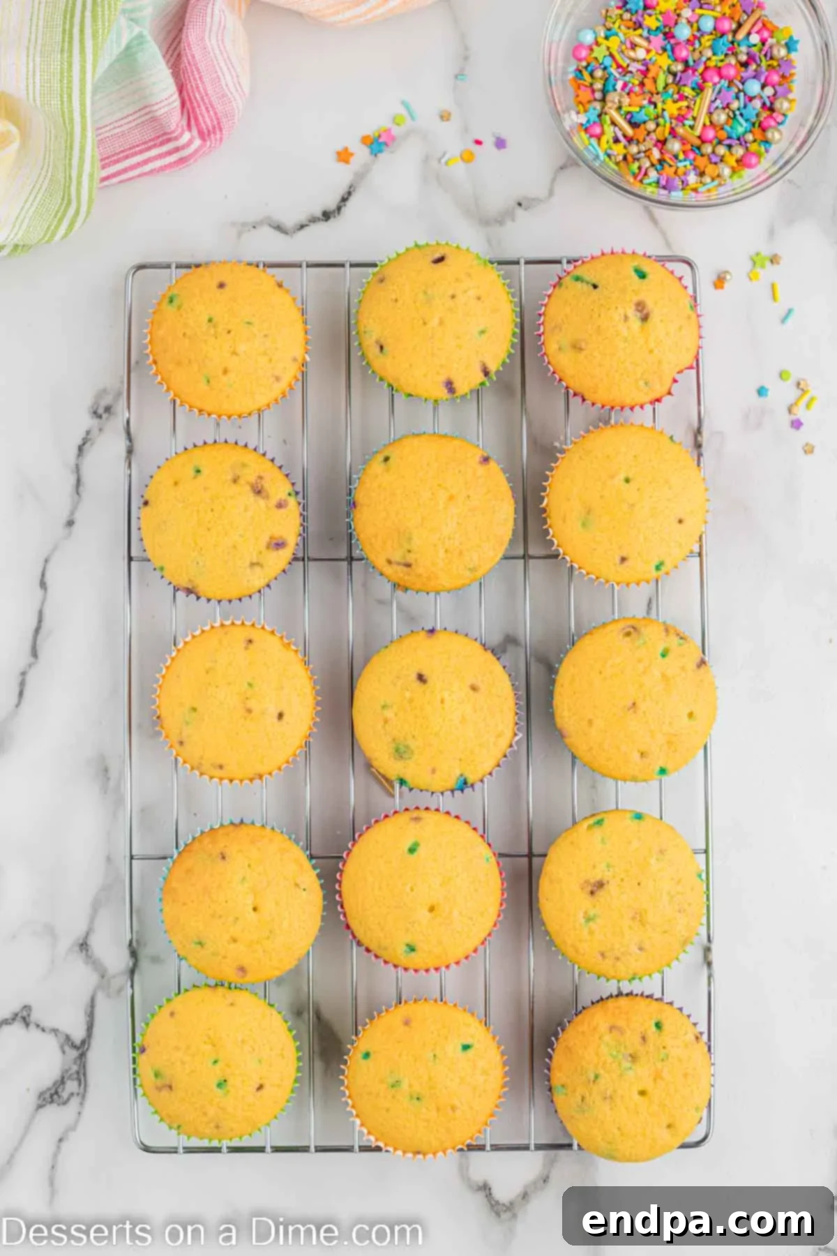 Confetti Cupcakes 4 Freshly baked cupcakes cooling on a wire rack.