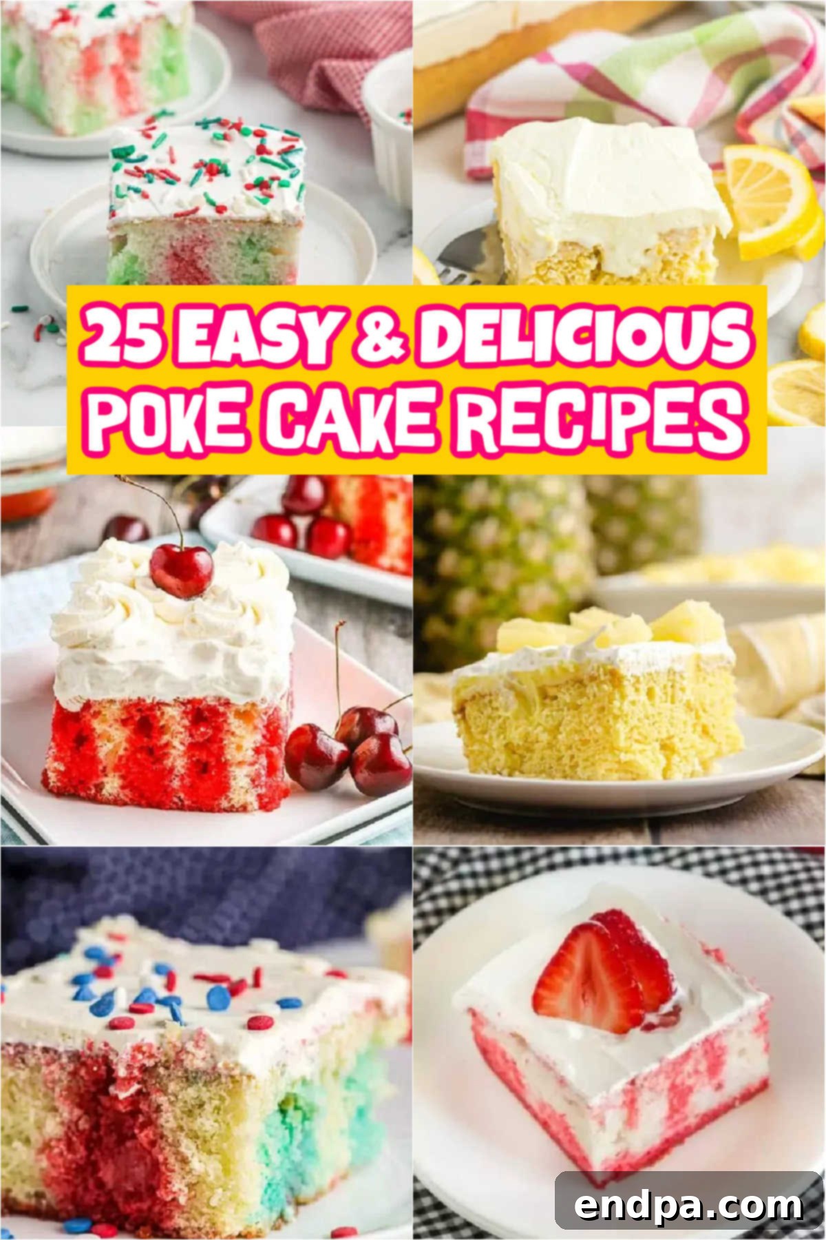 A vibrant collage of various poke cakes, showcasing different colors, toppings, and textures