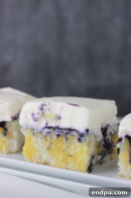 A delightful slice of Blueberry Cheesecake Poke Cake, topped with fresh blueberries.