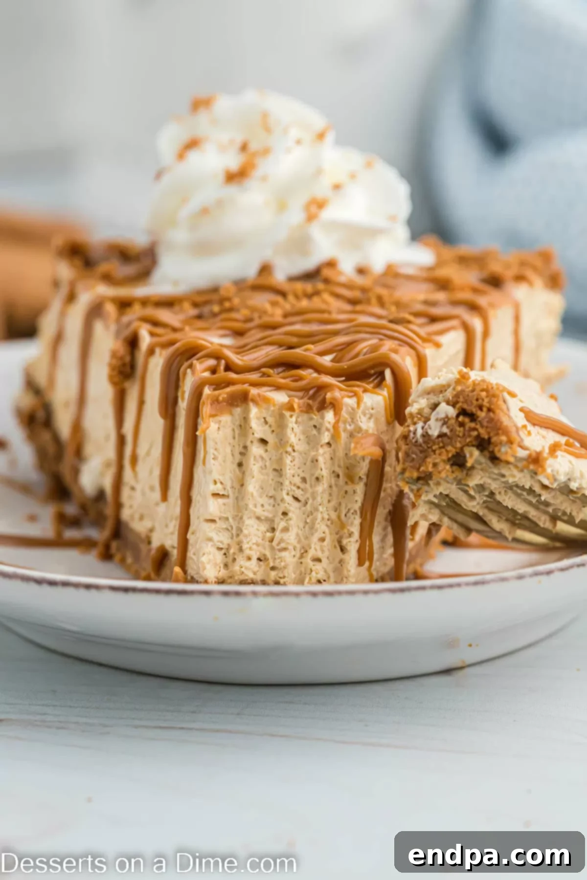 Decadent Cookie Butter Cheesecake 2 Slice of Cookie Butter Cheesecake on a plate, showcasing its creamy filling and biscoff crust.