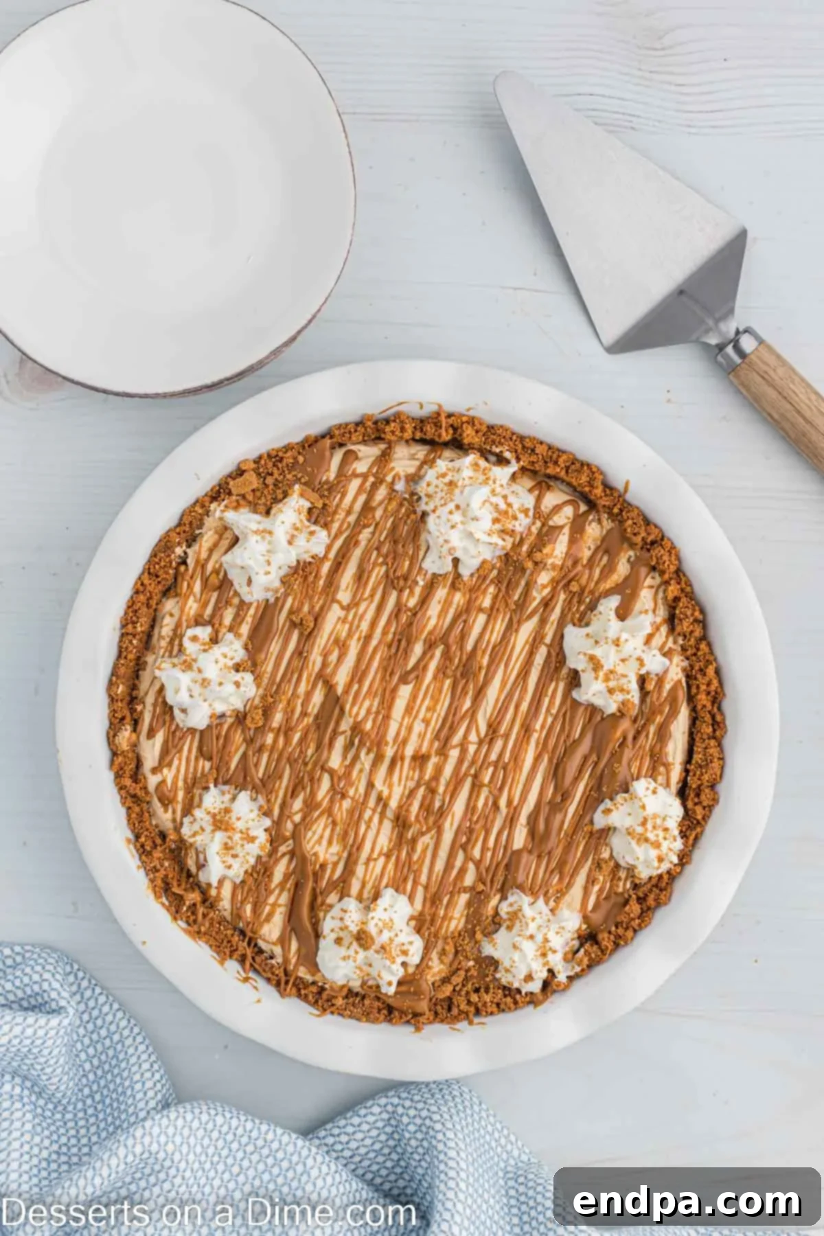 Decadent Cookie Butter Cheesecake 10 A chilled cookie butter cheesecake being drizzled with melted cookie butter, preparing for final garnishing.