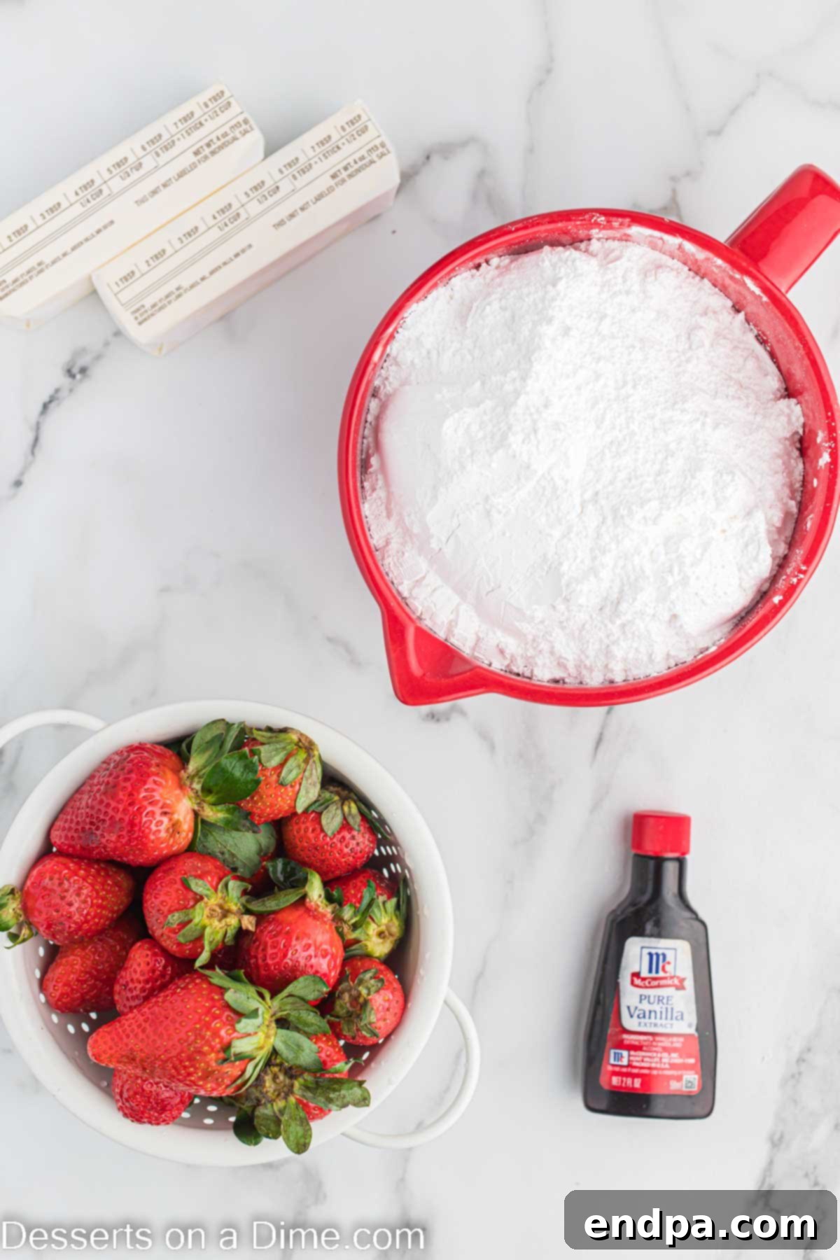 Luscious Strawberry Buttercream 3 Ingredients needed - unsalted butter, powdered sugar, strawberries, vanilla