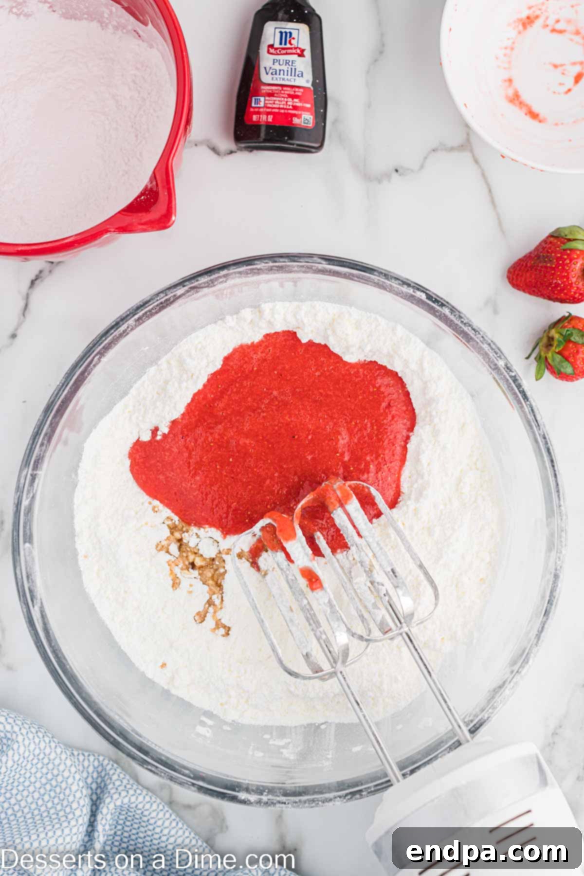 Luscious Strawberry Buttercream 6 Puree added to sugar mixture.