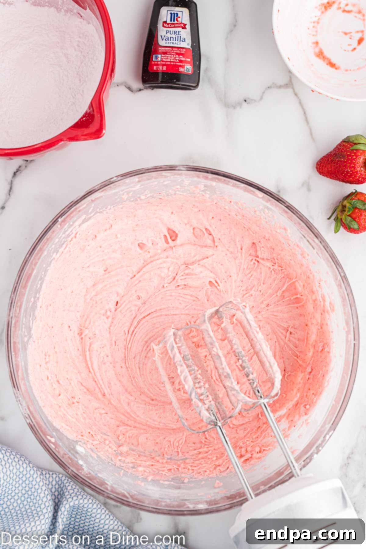 Luscious Strawberry Buttercream 7 Frosting ingredients combined.