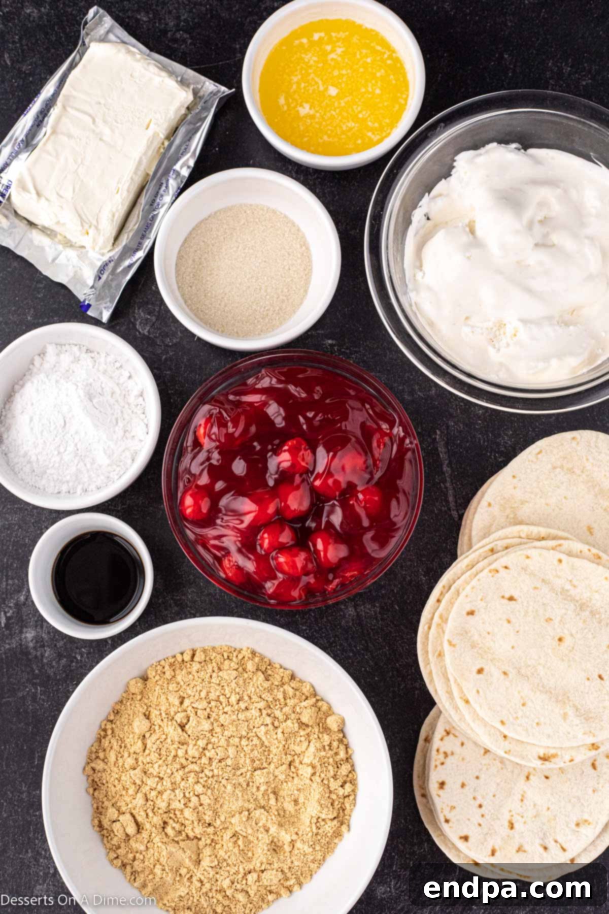 Heavenly Cherry Cheesecake Tacos 3 Ingredients for Cheesecake Tacos, including tortillas, graham cracker crumbs, sugar, butter, cream cheese, powdered sugar, vanilla, whipped topping, and cherry pie filling.