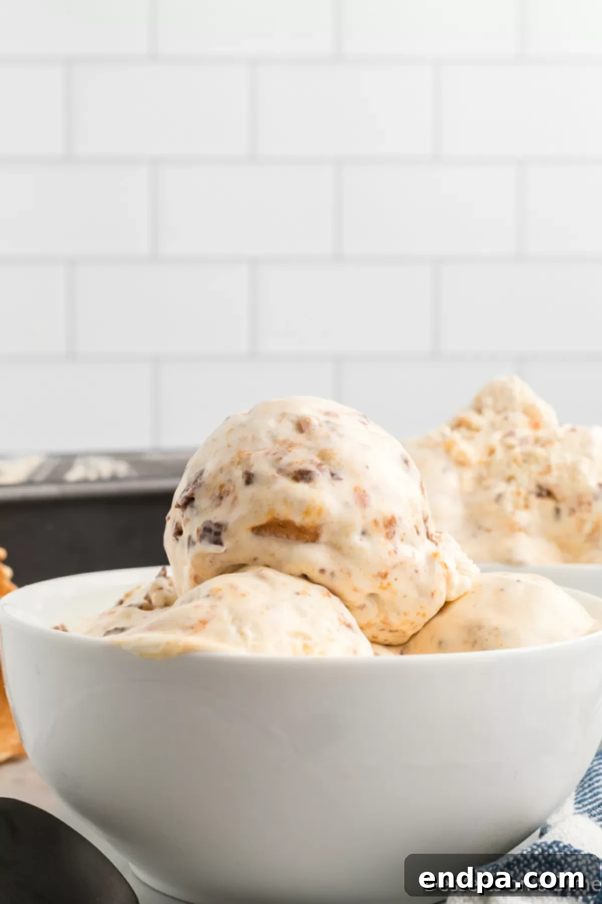 Homemade Butterfinger Crunch Ice Cream 2 A beautiful bowl of creamy Butterfinger ice cream, garnished with extra crushed candy pieces, ready to be enjoyed.