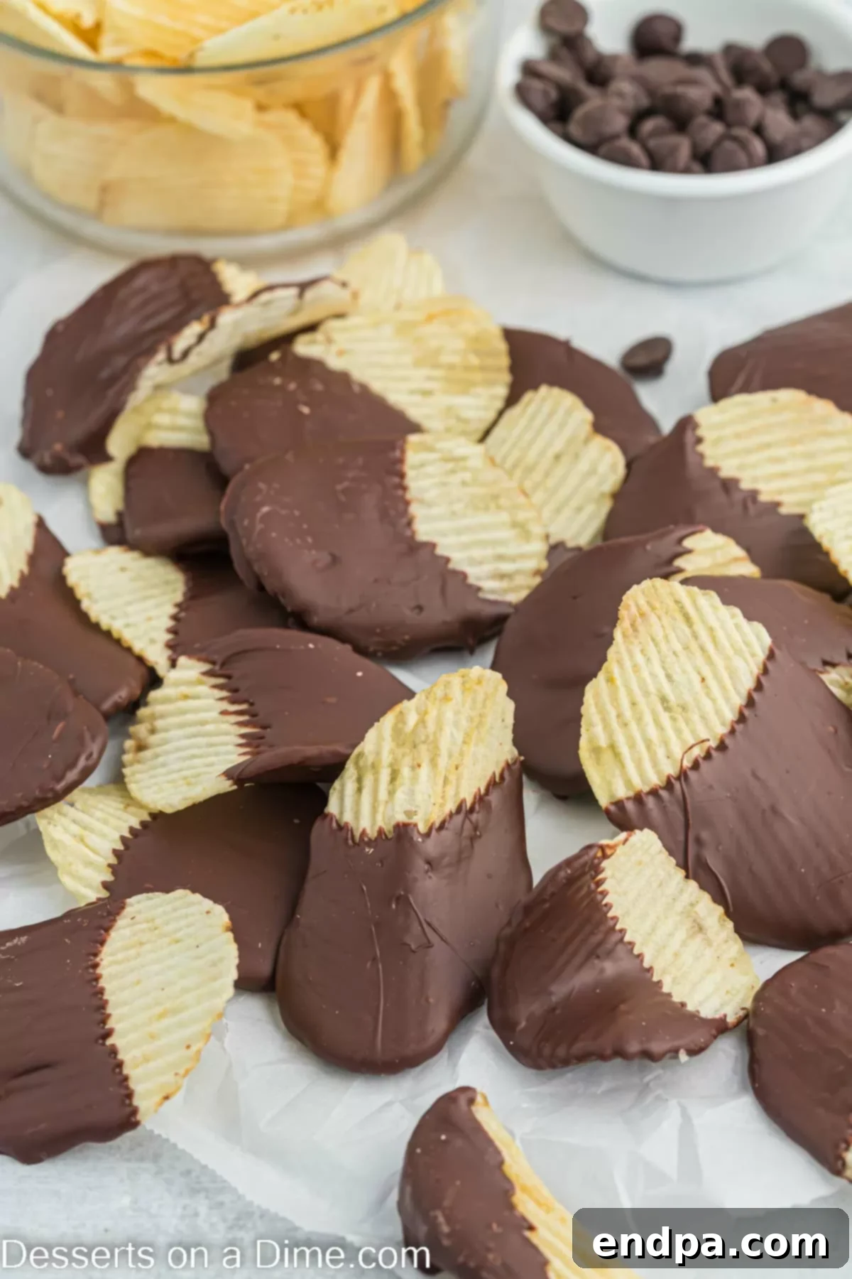 A close-up of Chocolate Dipped Potato Chips, perfectly set and ready to be savored.