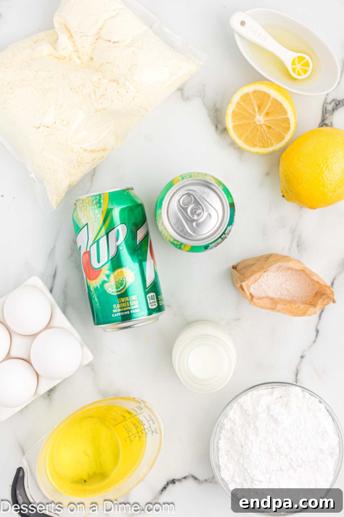 Classic 7 Up Pound Cake 3 Essential ingredients for 7 Up Cake: yellow cake mix, instant lemon pudding, 7 Up soda, vegetable oil, eggs, powdered sugar, fresh lemon juice, and milk.