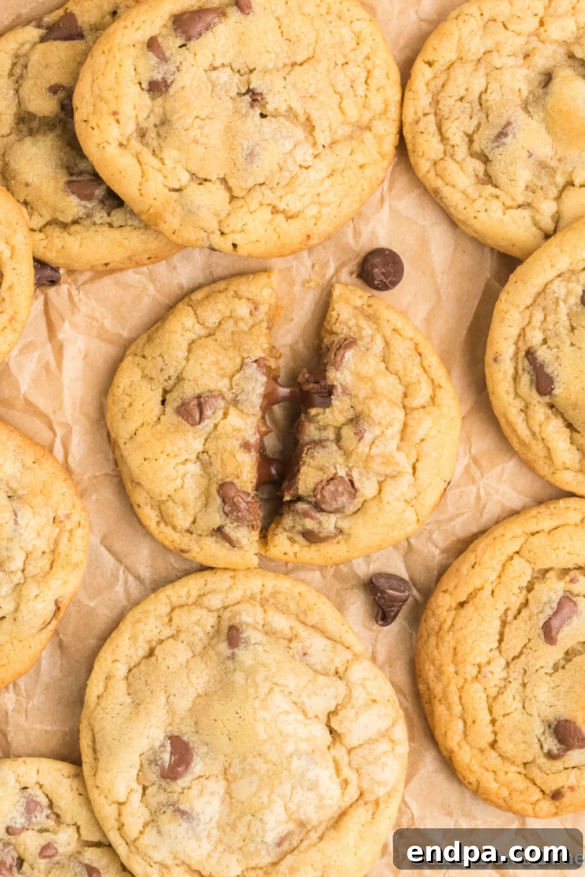 A freshly baked batch of Mrs. Fields-style chocolate chip cookies cooling on parchment paper on a baking sheet, showcasing their golden-brown edges and soft centers.