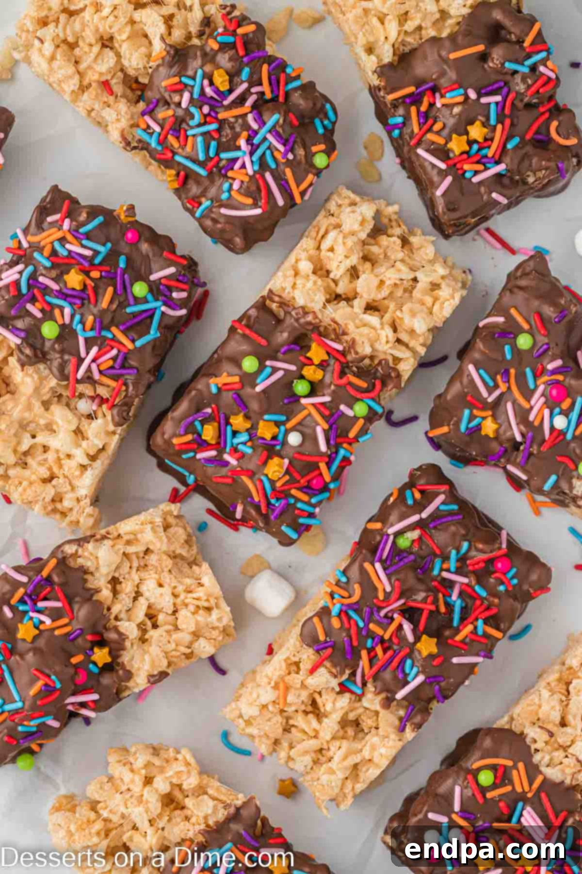 Chocolate dipped rice krispie treats beautifully arranged and ready for serving.