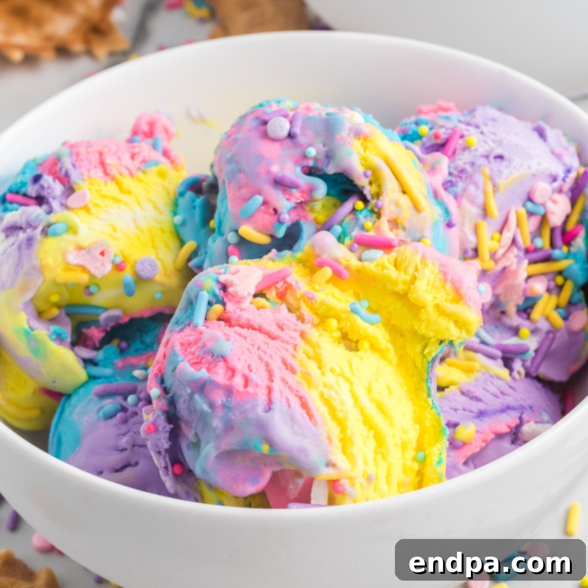 Rainbow Unicorn Dream 11 Close-up of Unicorn Ice Cream in a bowl with a spoon, highlighting its vibrant colors and creamy texture.