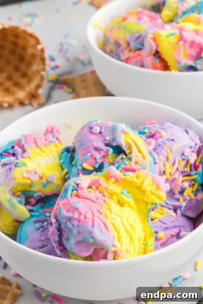 Rainbow Unicorn Dream 10 Unicorn ice cream in a bowl, showing its readiness to be served and enjoyed.