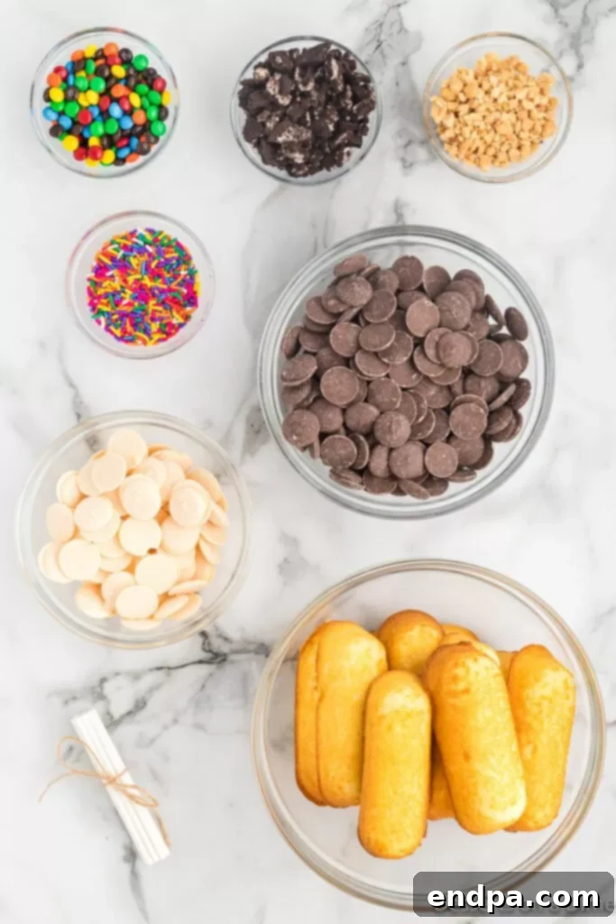 Decadent Chocolate Dipped Twinkies 3 A selection of ingredients for making chocolate covered Twinkies: Twinkies, chocolate melting wafers, white chocolate melting wafers, lollipop sticks, and various toppings.