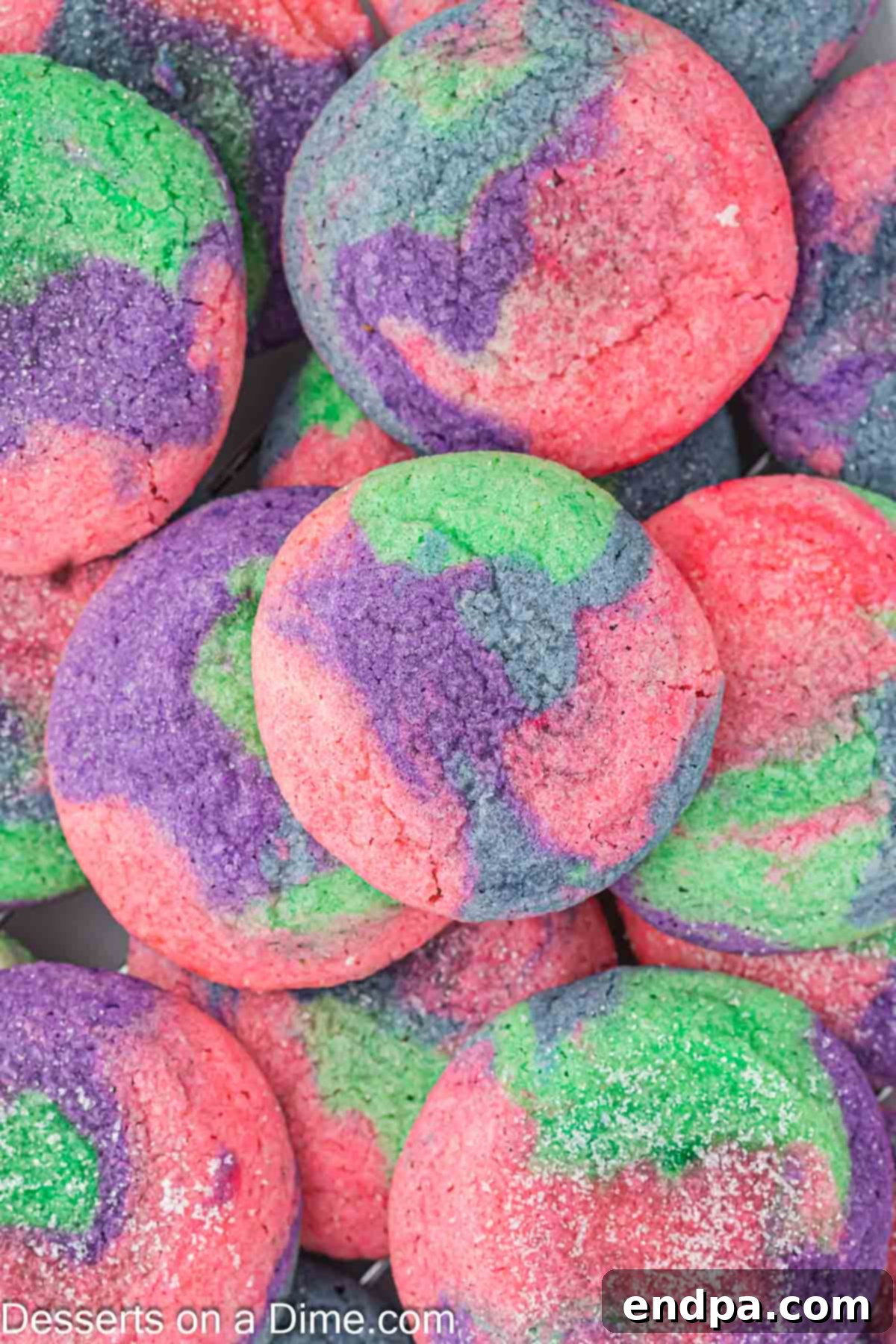 Enchanted Unicorn Treats 2 A whimsical pile of freshly baked Unicorn sugar cookies, showcasing their vibrant swirled colors.