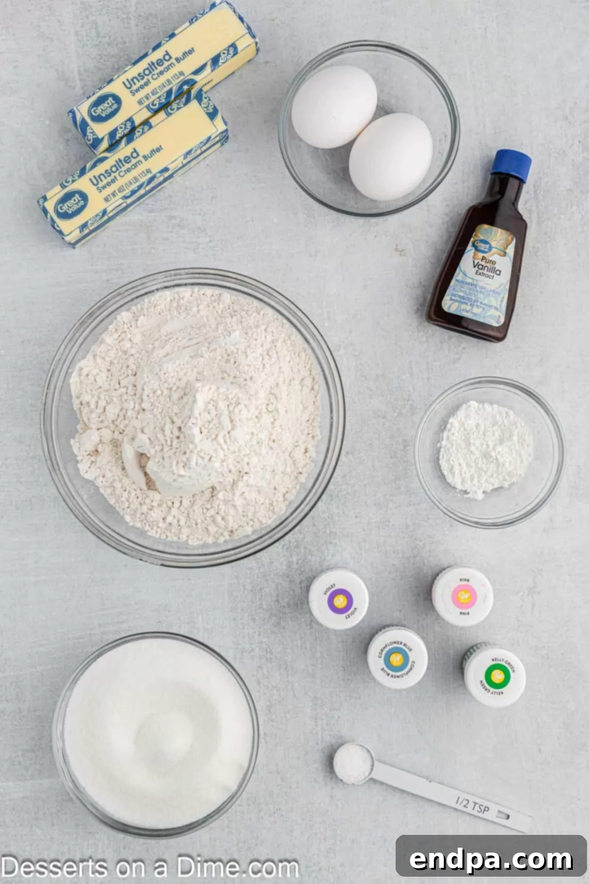 Enchanted Unicorn Treats 3 All the key ingredients for Unicorn sugar cookies laid out neatly on a counter.