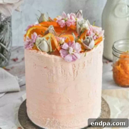 A beautifully decorated orange blossom cake, adorned with fresh orange slices and delicate edible flowers.