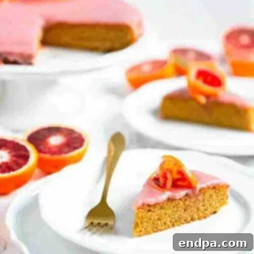 A slice of beautiful blood orange cake, showcasing its vibrant color and moist texture, served on a white plate.