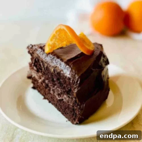 A generous slice of rich orange chocolate cake, garnished with delicate orange peel, on a pristine white plate.