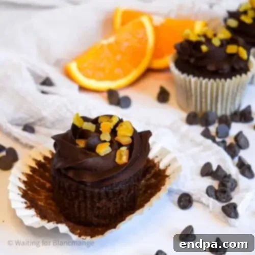 A decadent chocolate orange cupcake nestled in its wrapper, beautifully frosted and ready to be enjoyed.