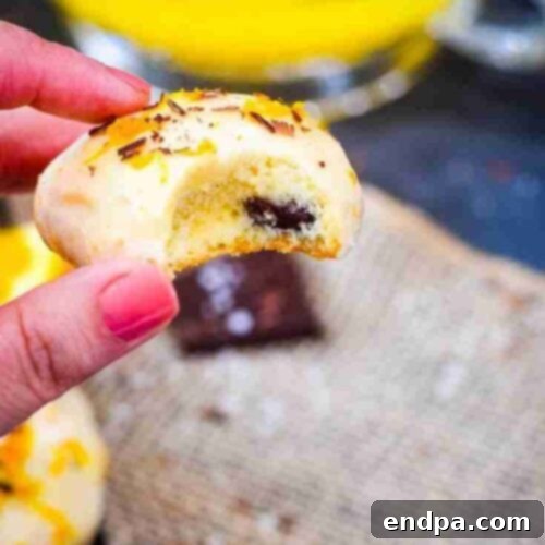 A hand holding a delicious salted dark chocolate orange cookie with a bite taken out, revealing its rich texture.