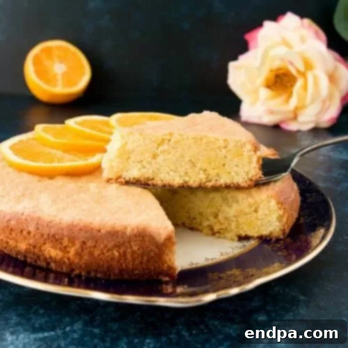 A slice of moist orange almond cake, adorned with powdered sugar, served on a plate with a fork.