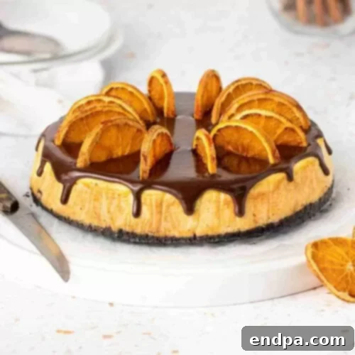 A rich chocolate orange cheesecake, drizzled with chocolate ganache and garnished with fresh orange slices, presented elegantly.