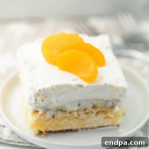 A slice of fluffy Mandarin Orange Angel Food Cake, garnished with whipped cream and mandarin orange segments, on a white plate.