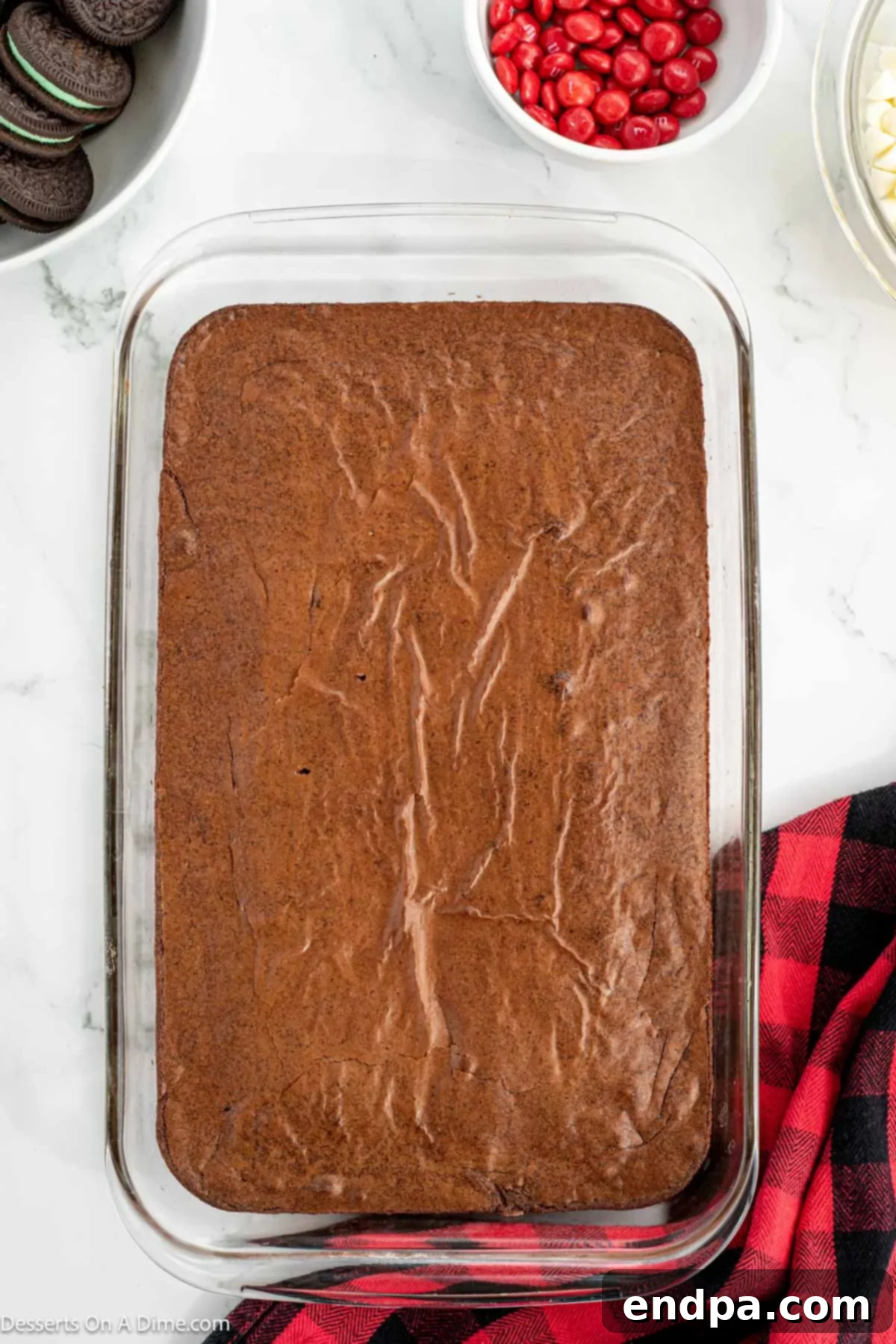 Grinch Green Brownies 6 Freshly baked brownies in the pan, golden brown and cooled.