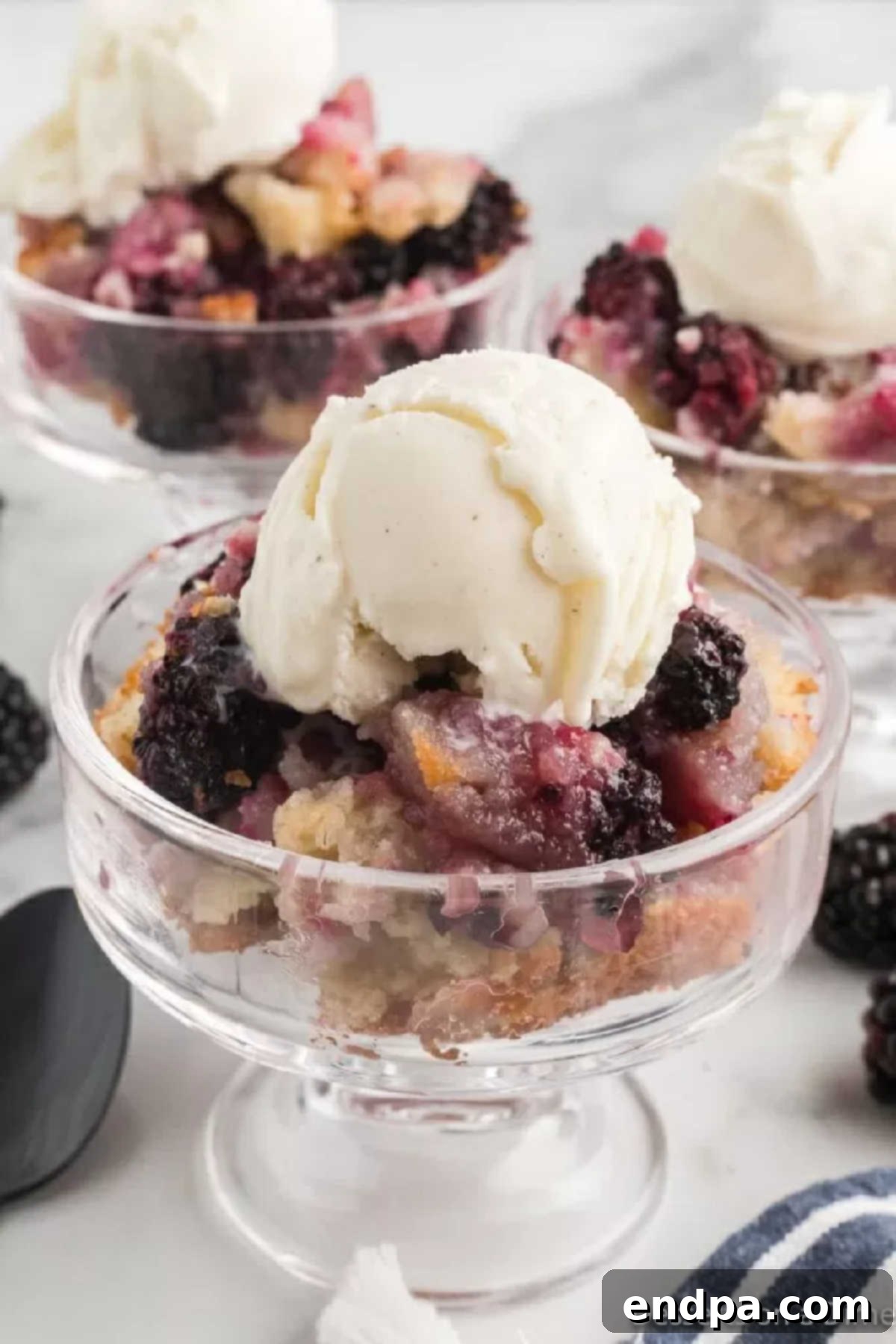 Blackberry cobbler in a bowl. 