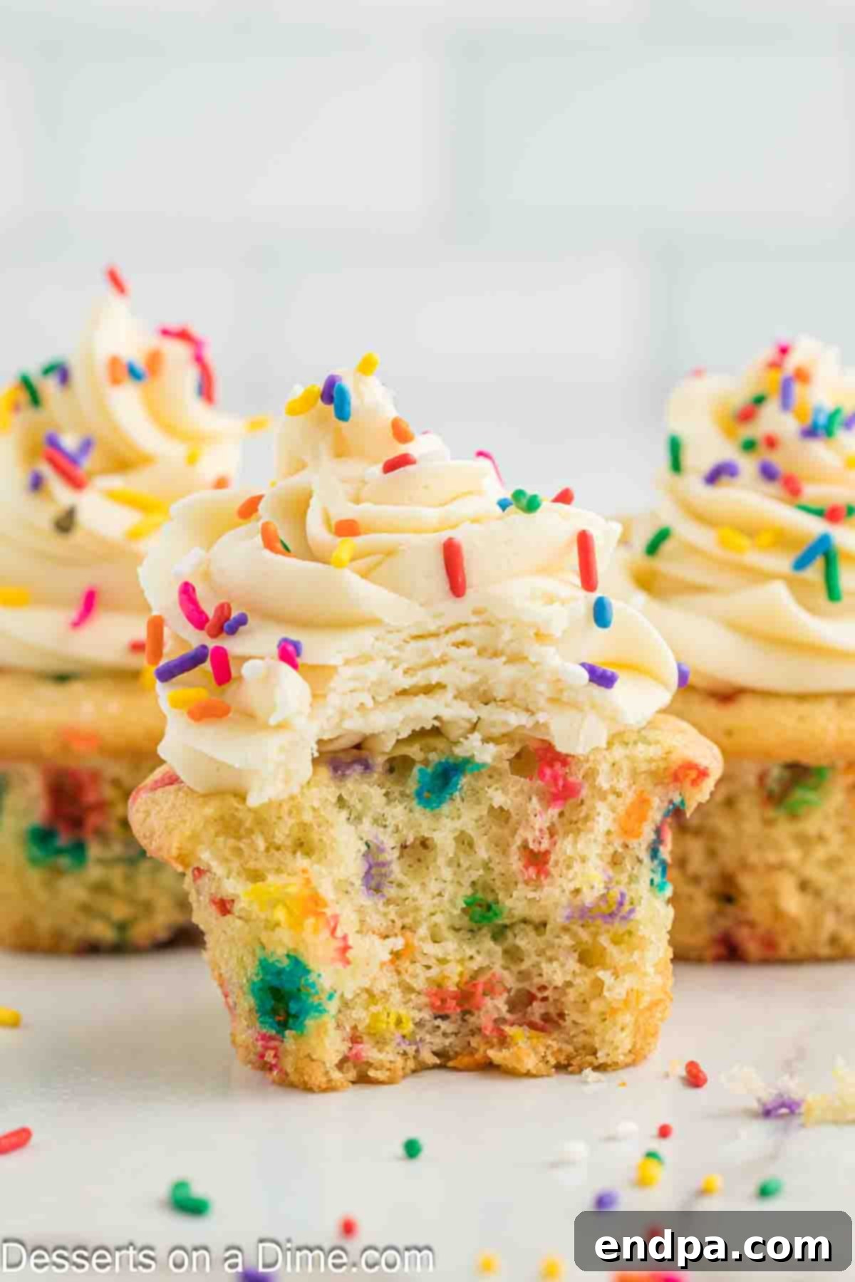 Confetti cupcakes with delicious, fluffy frosting, ready to be served at a celebration.