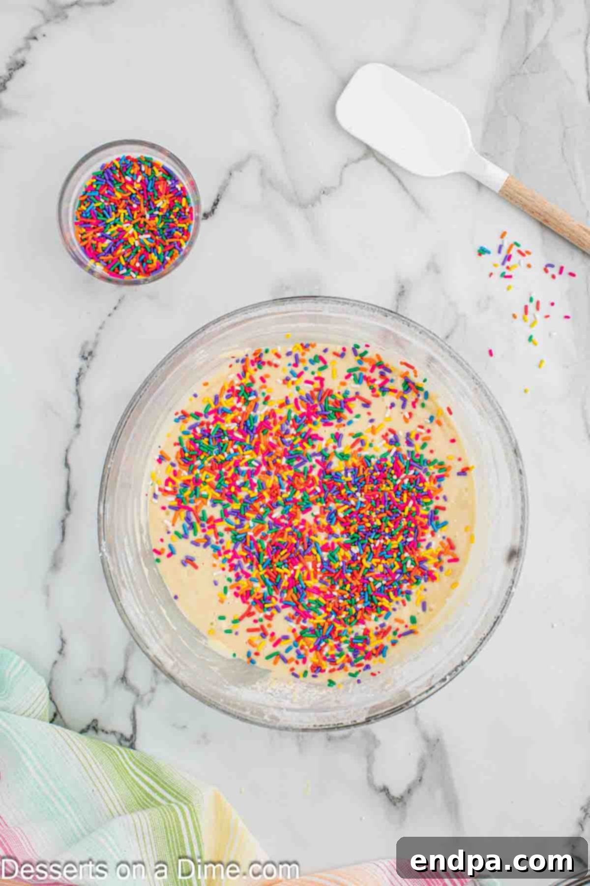 Rainbow sprinkles being gently folded into the cupcake batter with a spatula.