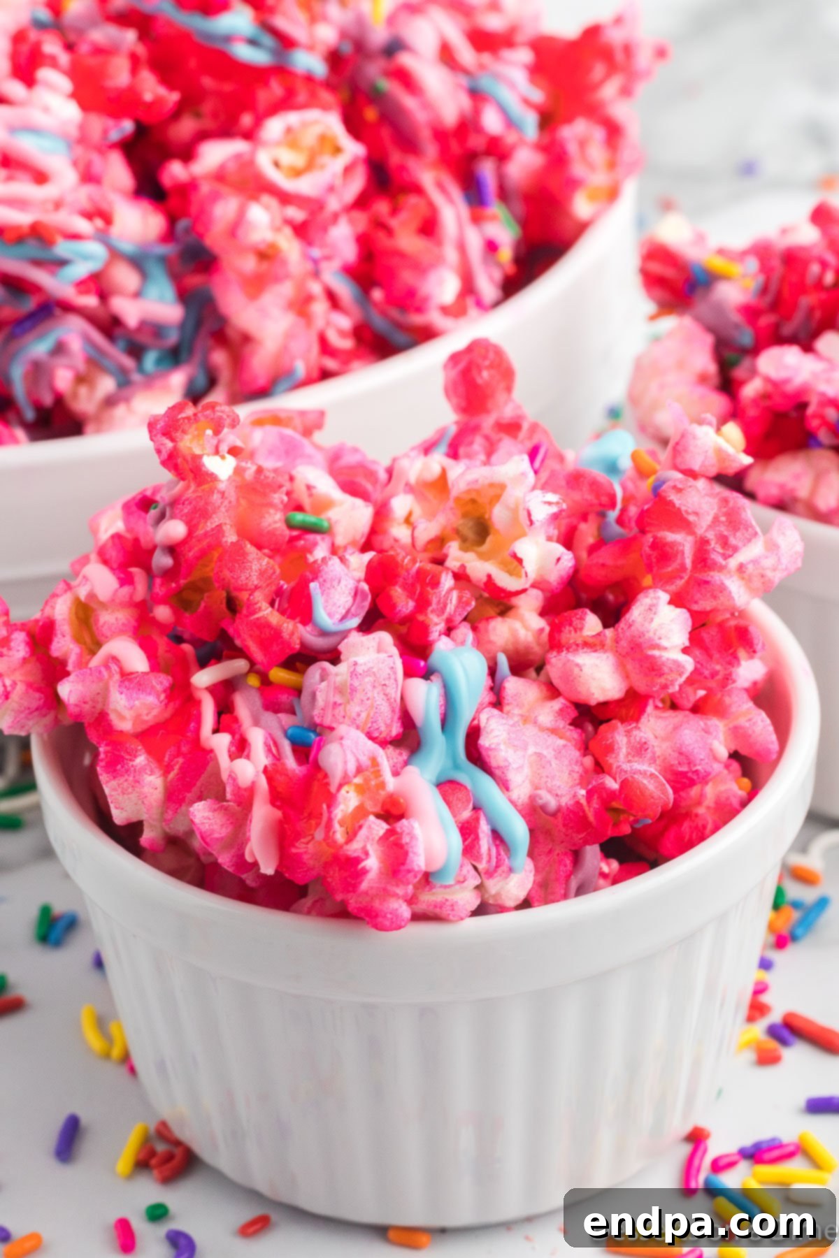 A close-up shot of a decorative bowl overflowing with finished Unicorn Popcorn, showcasing the vibrant colors and appealing texture of the sweet and salty snack.