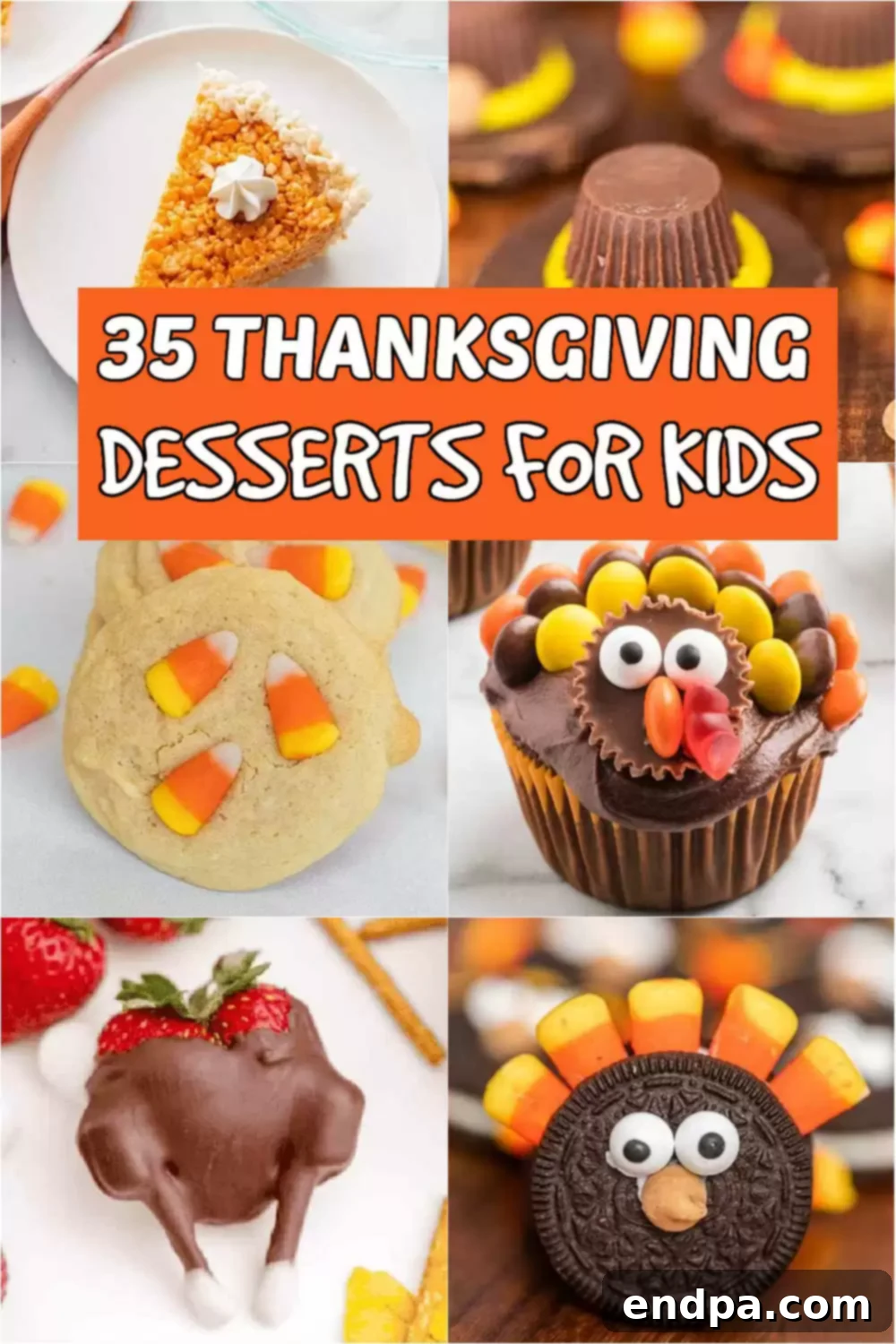 A vibrant display of various easy and fun Thanksgiving desserts for kids, including turkey-shaped cookies and pumpkin treats, perfect for adding a festive touch to your holiday table.