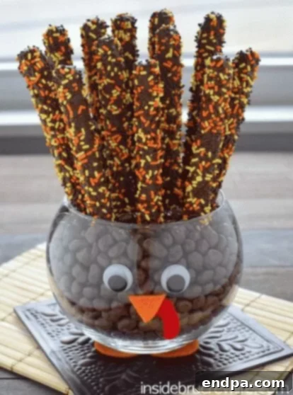 Chocolate-covered pretzels decorated like turkey tails with sprinkles.